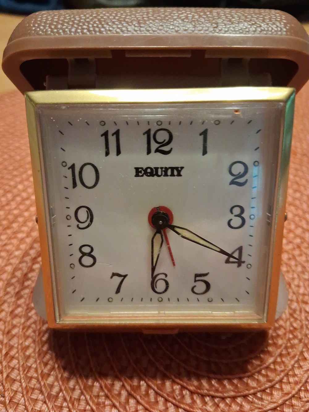 Equity Vintage Brown Fold Up Wind Up Travel Alarm Clock Luminous Hands Works